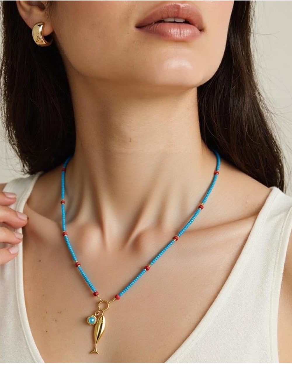 Gold Fish Pendant Turquoise Beaded Necklace
